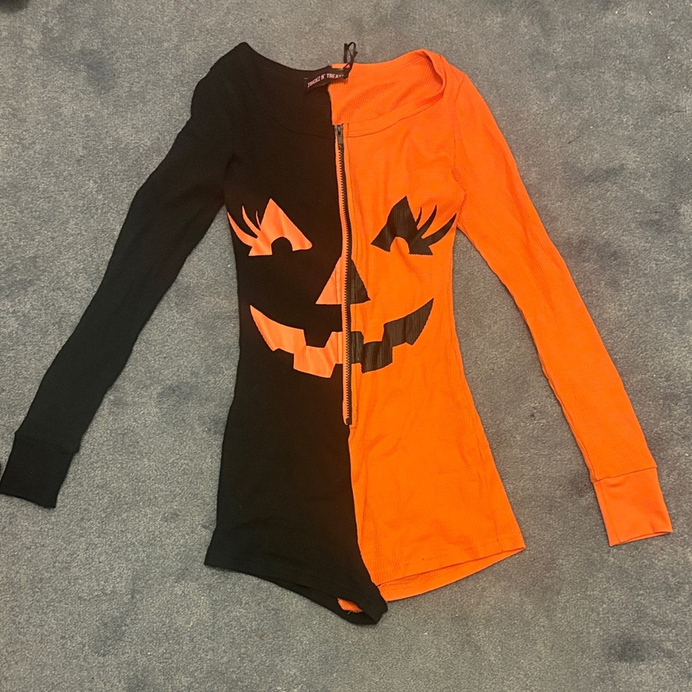 Dolls Kill Black & Orange Pumpkin Face Zip-Up Romper